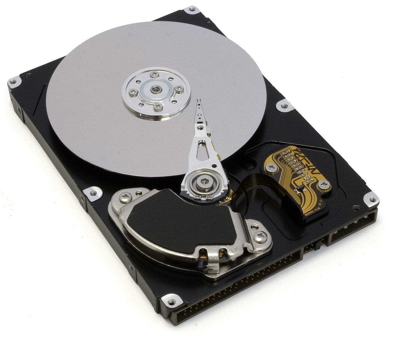 open hard drive, visible plate and reading head, writing-1200164.jpg